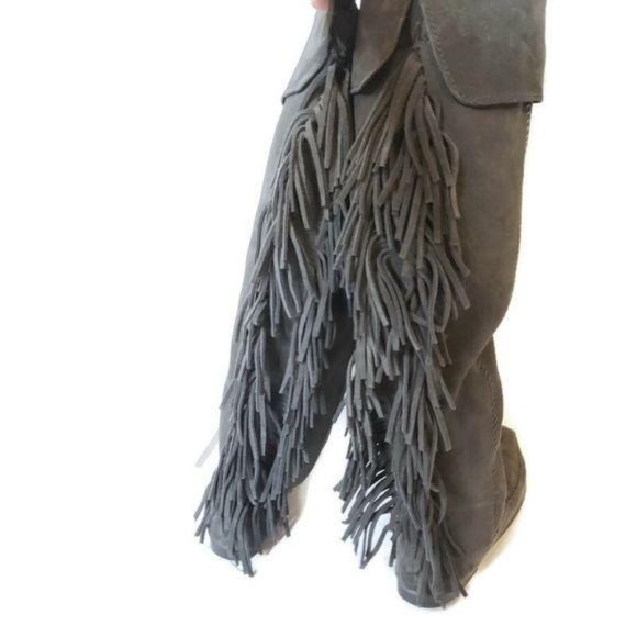 Minnitonka NWT over the knee fringe leather boots charcoal gray sz 5 small feet - Picture 4 of 13